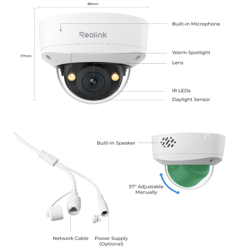 Reolink RLC-1240A 12MP PoE Vandal-Proof Dome Security Camera with Spotlights and Two-Way Audio