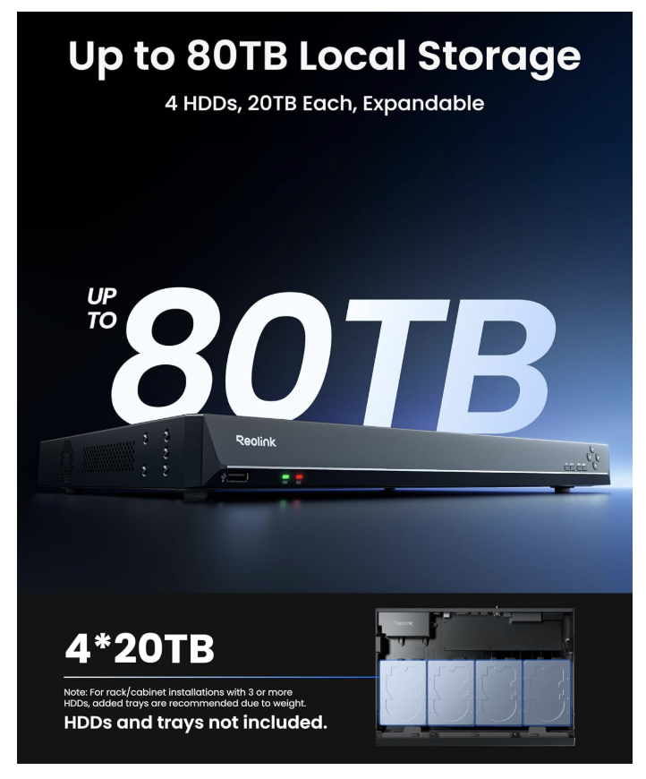 Reolink RP-N64 NVR with up to 80TB of local storage: four 20TB hard drives (not included)